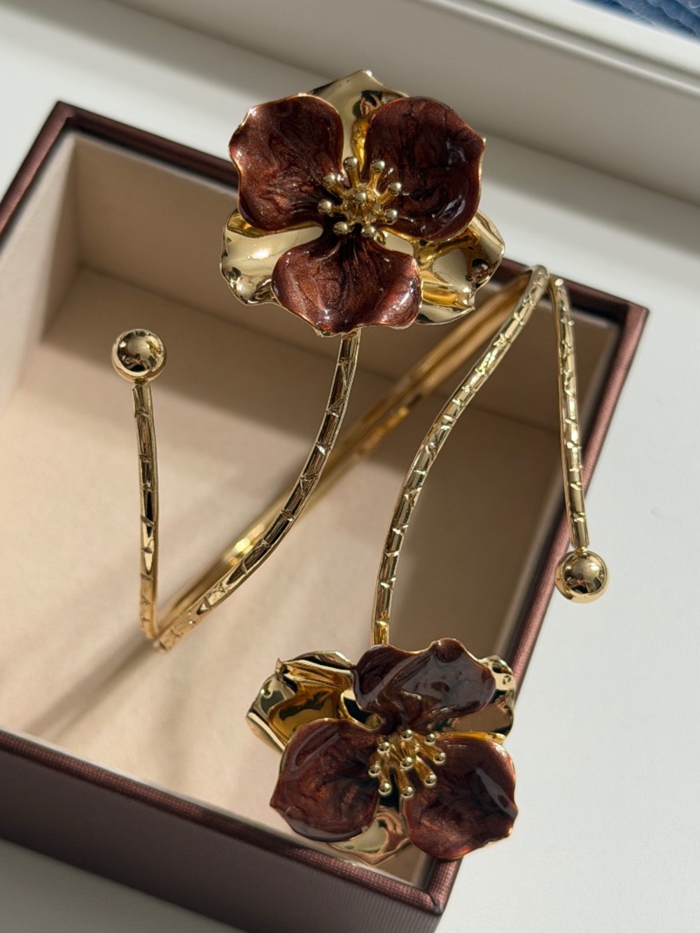 Golden Brown Double Layer Irregular 3-Petal Flower Adjustable Open Bangle Bracel